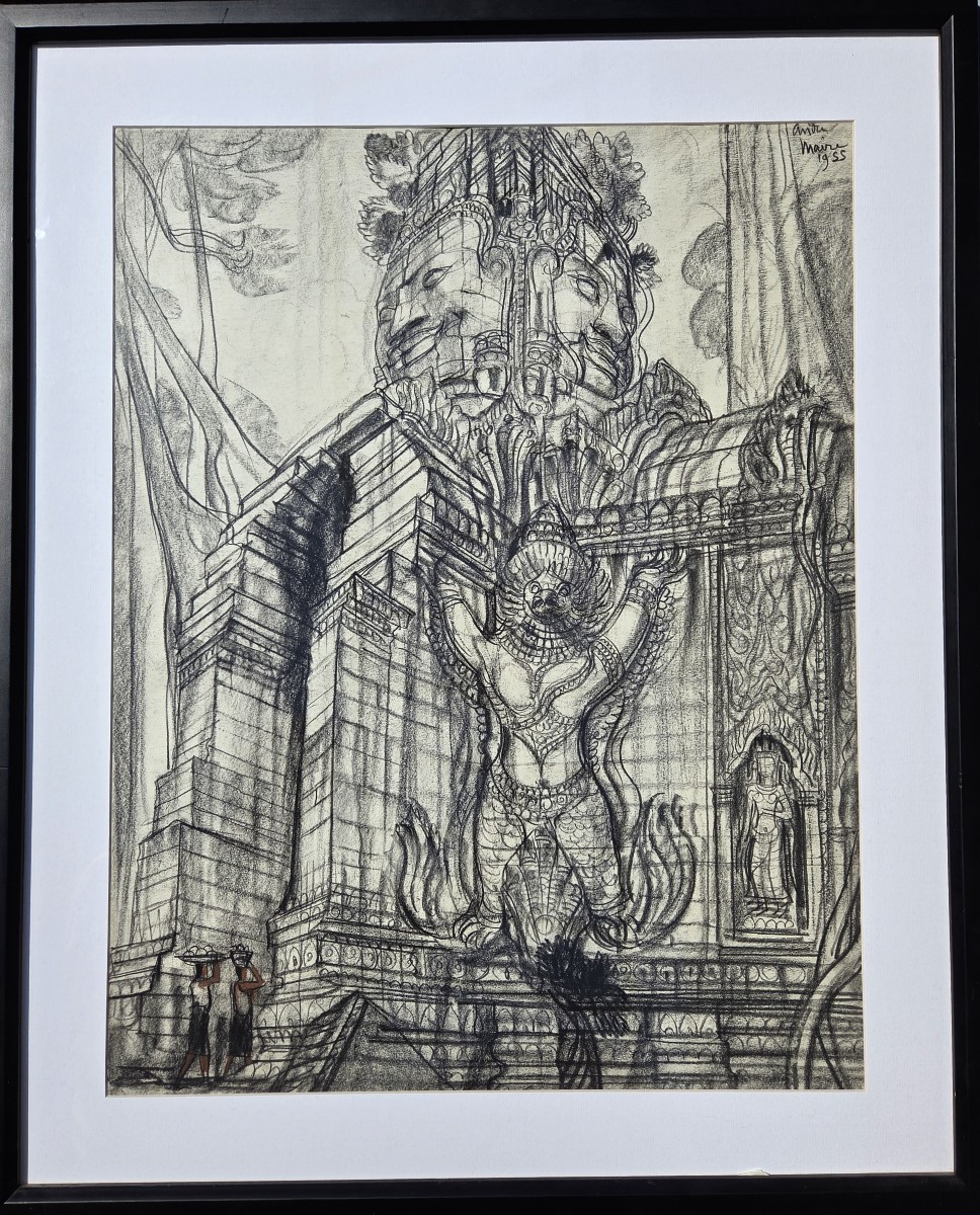 André Maire (1898-1984) Temple Of Angkor Thom Cambodia Charcoal Bayon Garuda Painter Traveler-photo-2