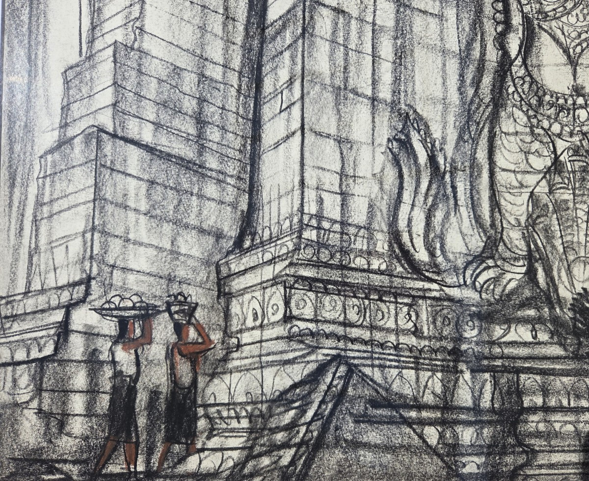 André Maire (1898-1984) Temple Of Angkor Thom Cambodia Charcoal Bayon Garuda Painter Traveler-photo-3