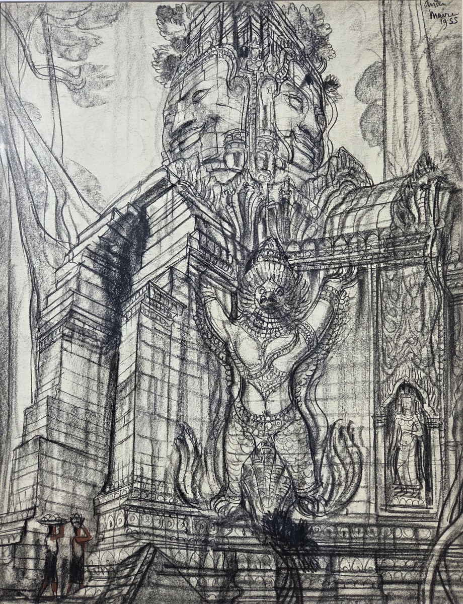 André Maire (1898-1984) Temple Of Angkor Thom Cambodia Charcoal Bayon Garuda Painter Traveler