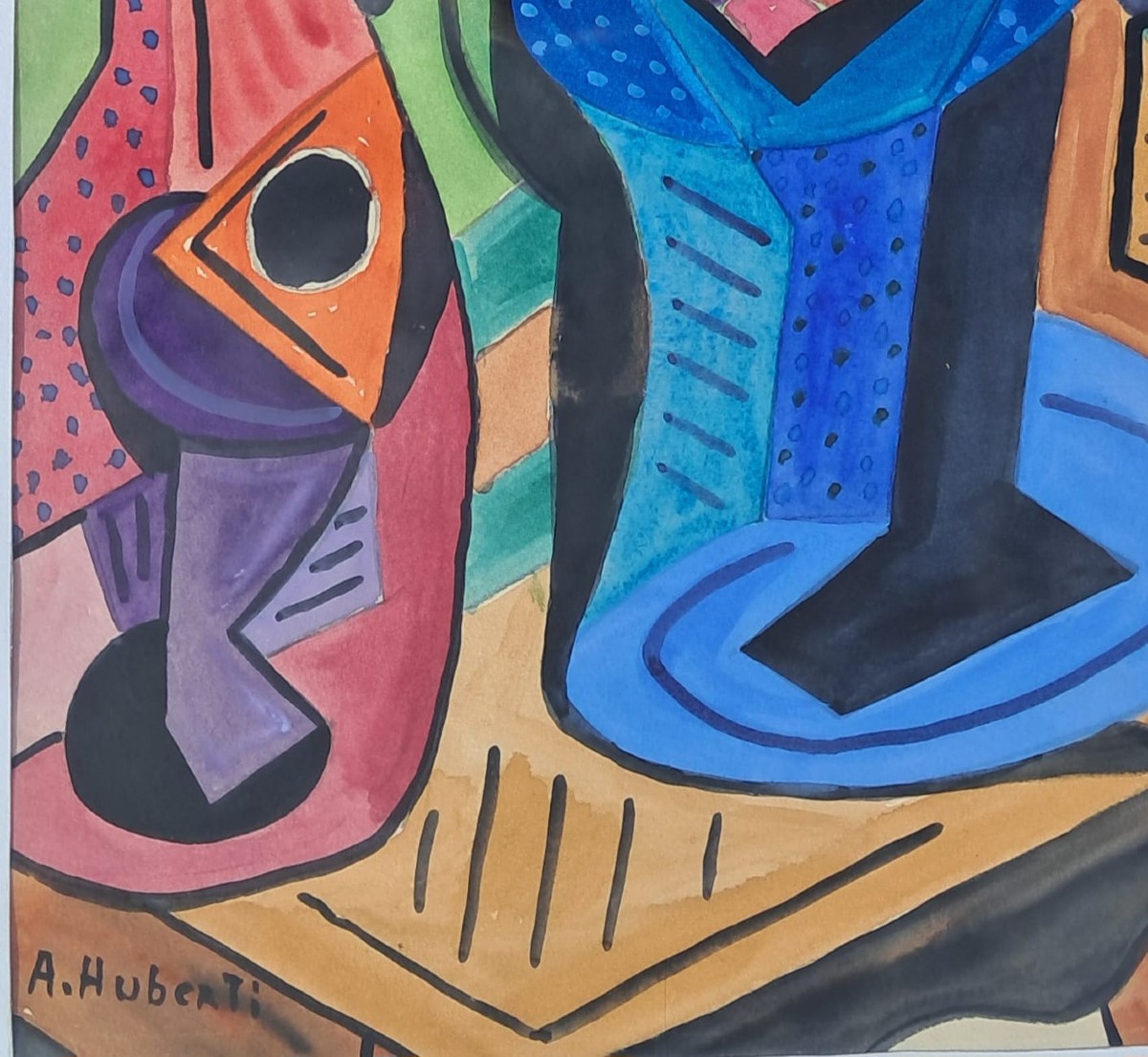 Antoine Huberti (1898-1980) Tableau Cubiste Aquarelle Espagne XXe Nature Morte-photo-3