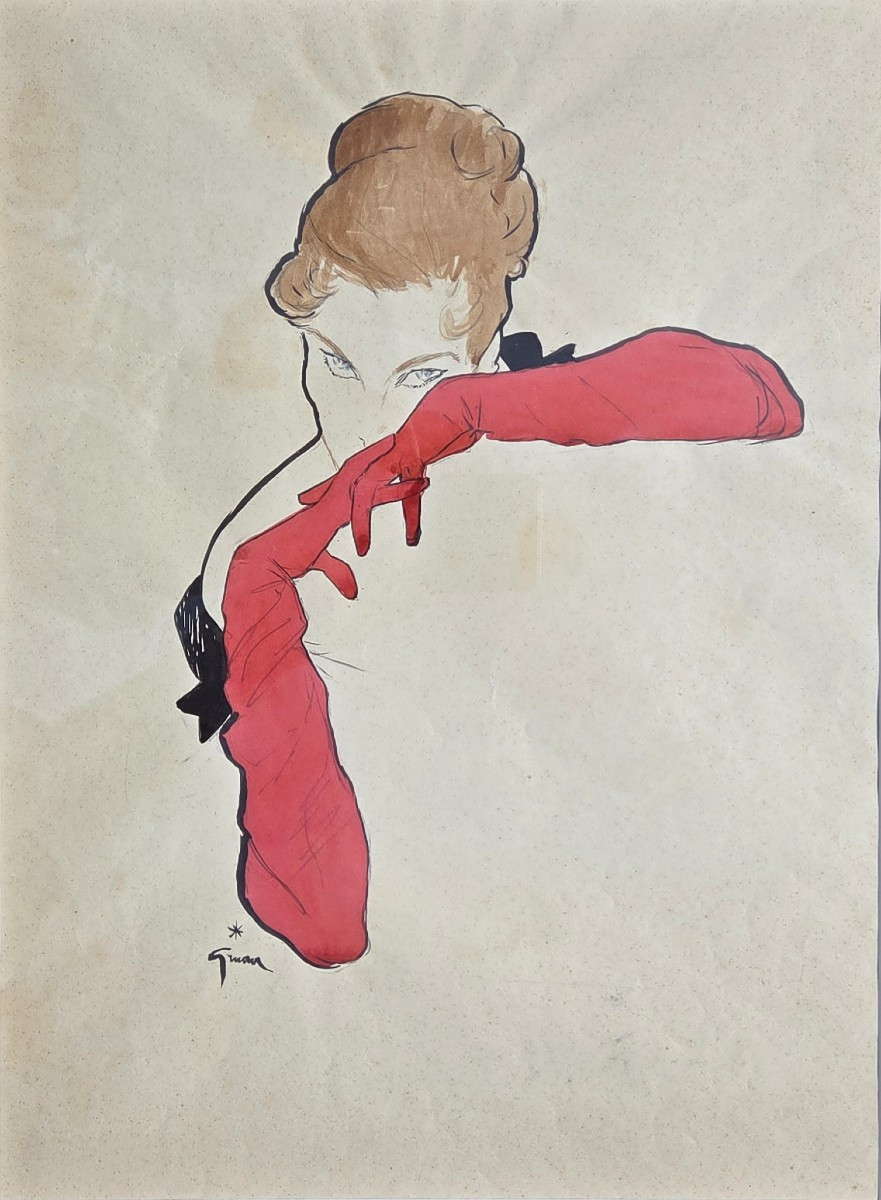 René Gruau (1909–2004) Élégante aux gants rouges Dessin de mode Publicité Dior-photo-2
