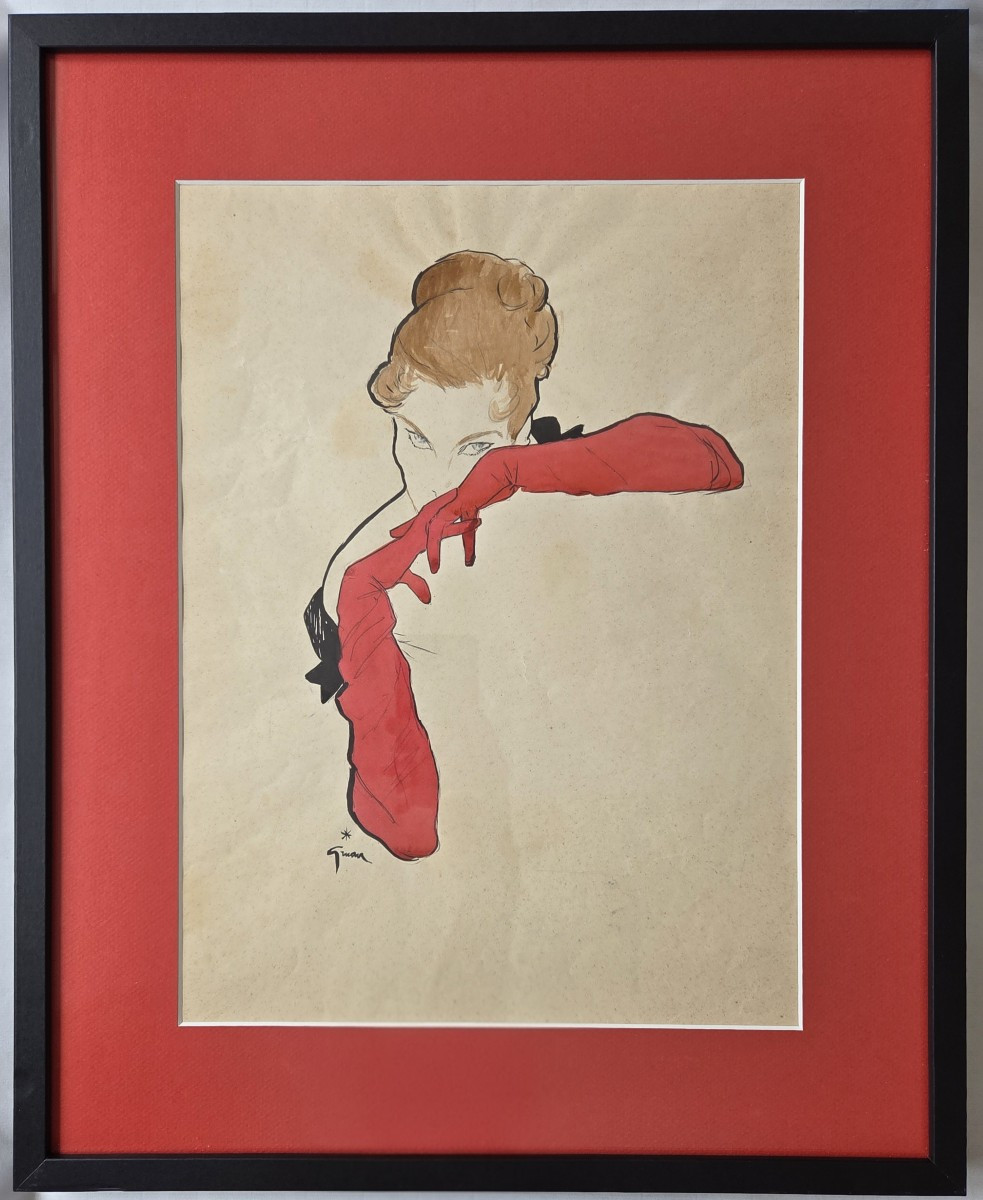 René Gruau (1909–2004) Élégante aux gants rouges Dessin de mode Publicité Dior
