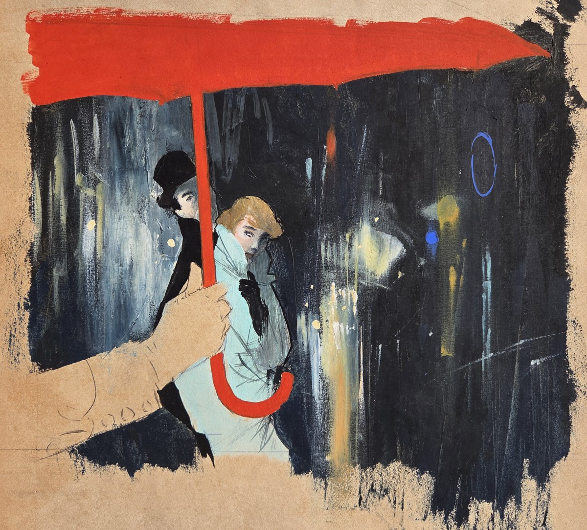René Gruau (1909–2004) Night Scene With Red Umbrella Fashion Drawing Dior Advertisement-photo-2
