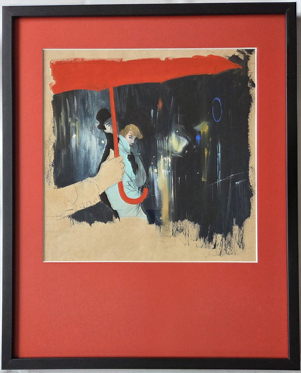 René Gruau (1909–2004) Night Scene With Red Umbrella Fashion Drawing Dior Advertisement