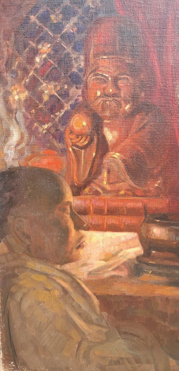 Asian Painting Bonze Painter Traveler Signed Barry -photo-2