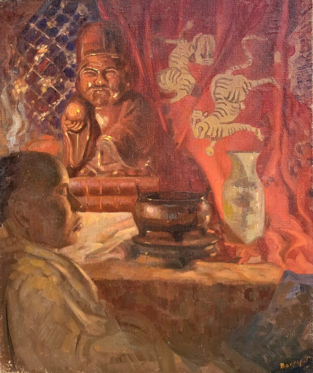 Asian Painting Bonze Painter Traveler Signed Barry 