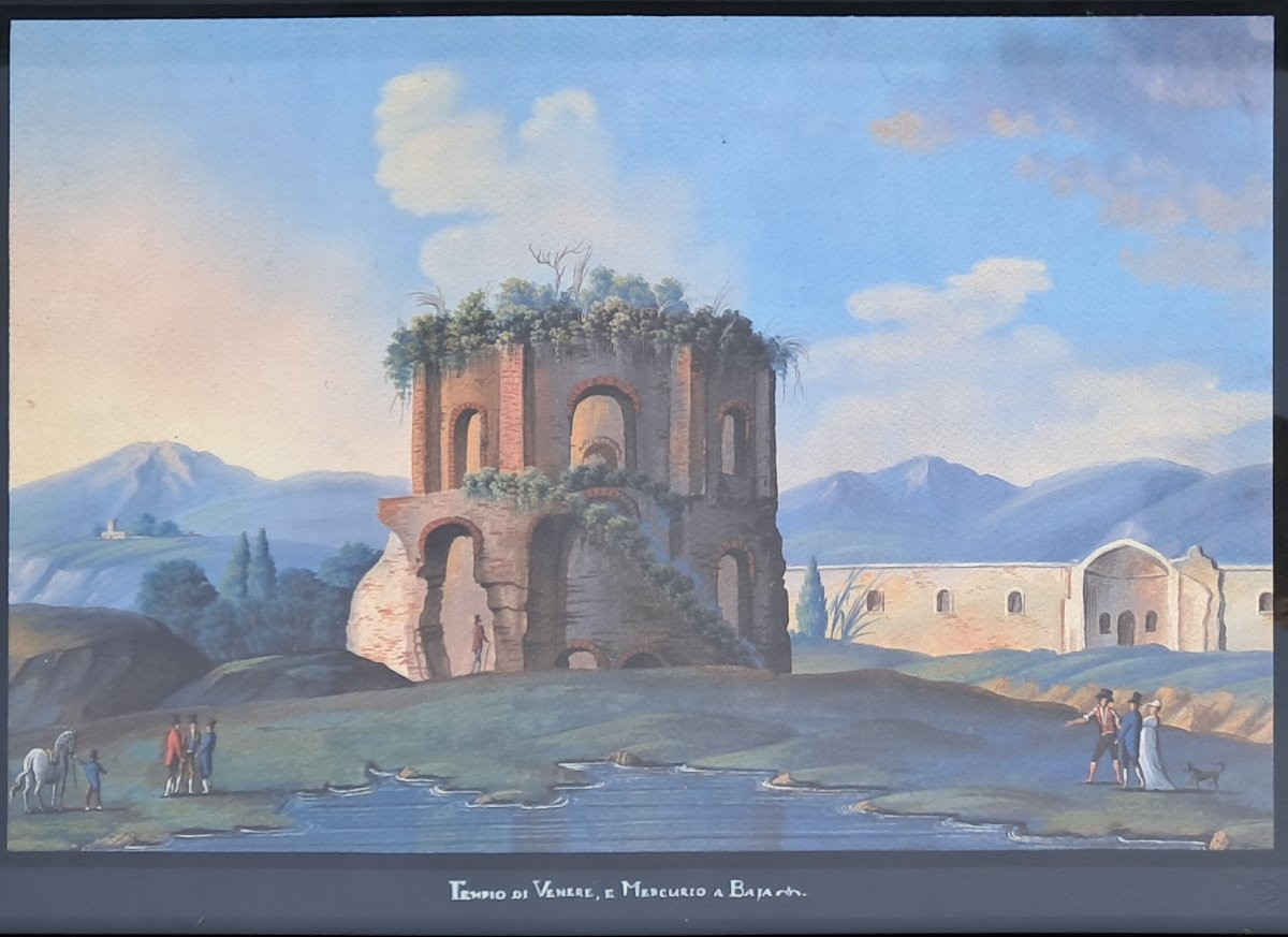 Neapolitan Gouache XIXth Temple Venus Mercury Baja Ruins Italy Naples Gouache -photo-1