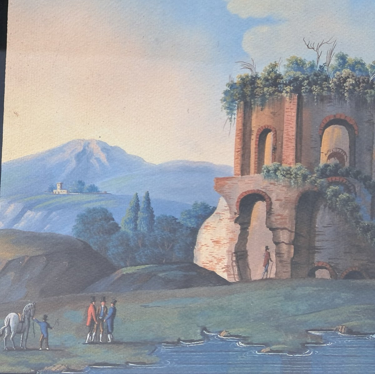 Neapolitan Gouache XIXth Temple Venus Mercury Baja Ruins Italy Naples Gouache -photo-2