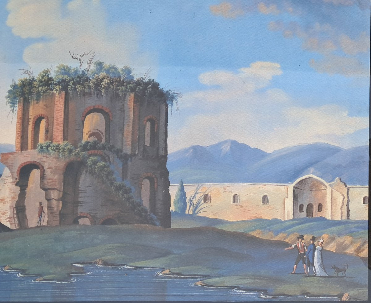 Neapolitan Gouache XIXth Temple Venus Mercury Baja Ruins Italy Naples Gouache -photo-3
