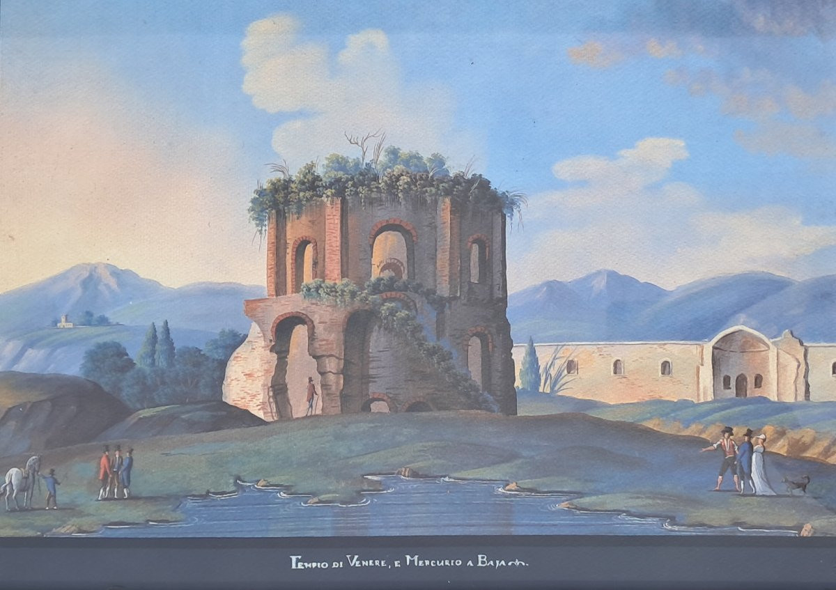 Neapolitan Gouache XIXth Temple Venus Mercury Baja Ruins Italy Naples Gouache -photo-4