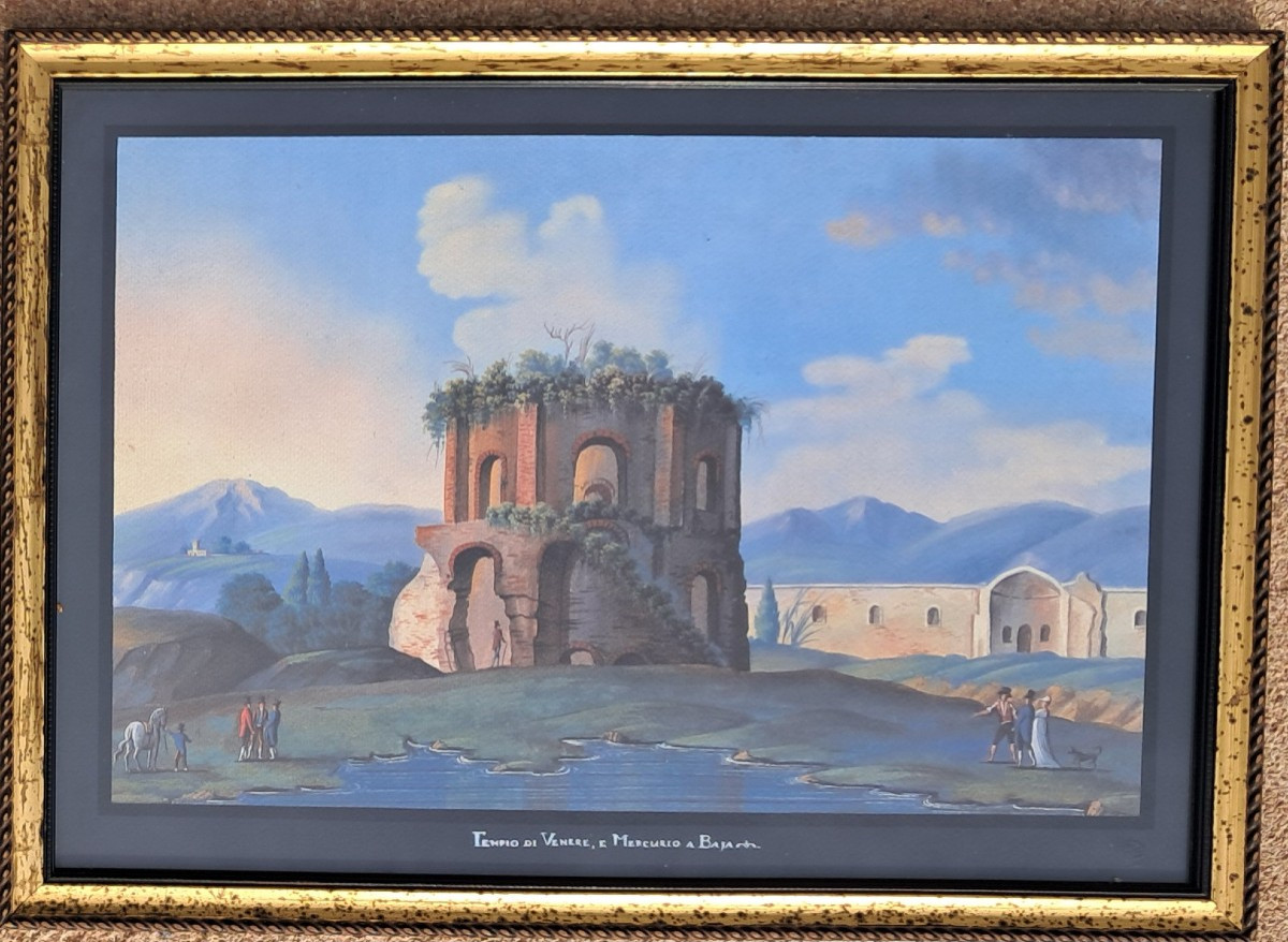 Neapolitan Gouache XIXth Temple Venus Mercury Baja Ruins Italy Naples Gouache 