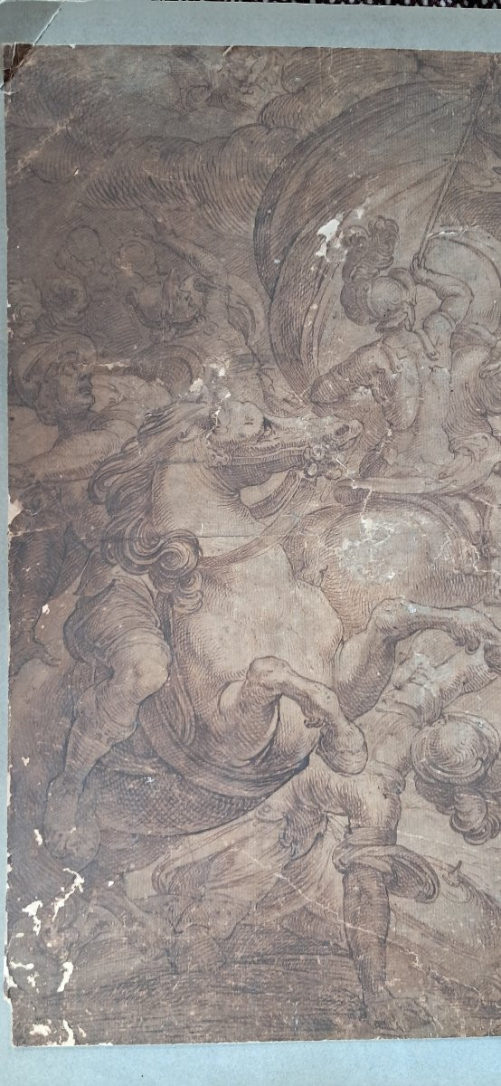 Grande encre dessin XVIe 16e  Antonio TEMPESTA BAROQUE ITALIE Chevaux Florence guerre -photo-4