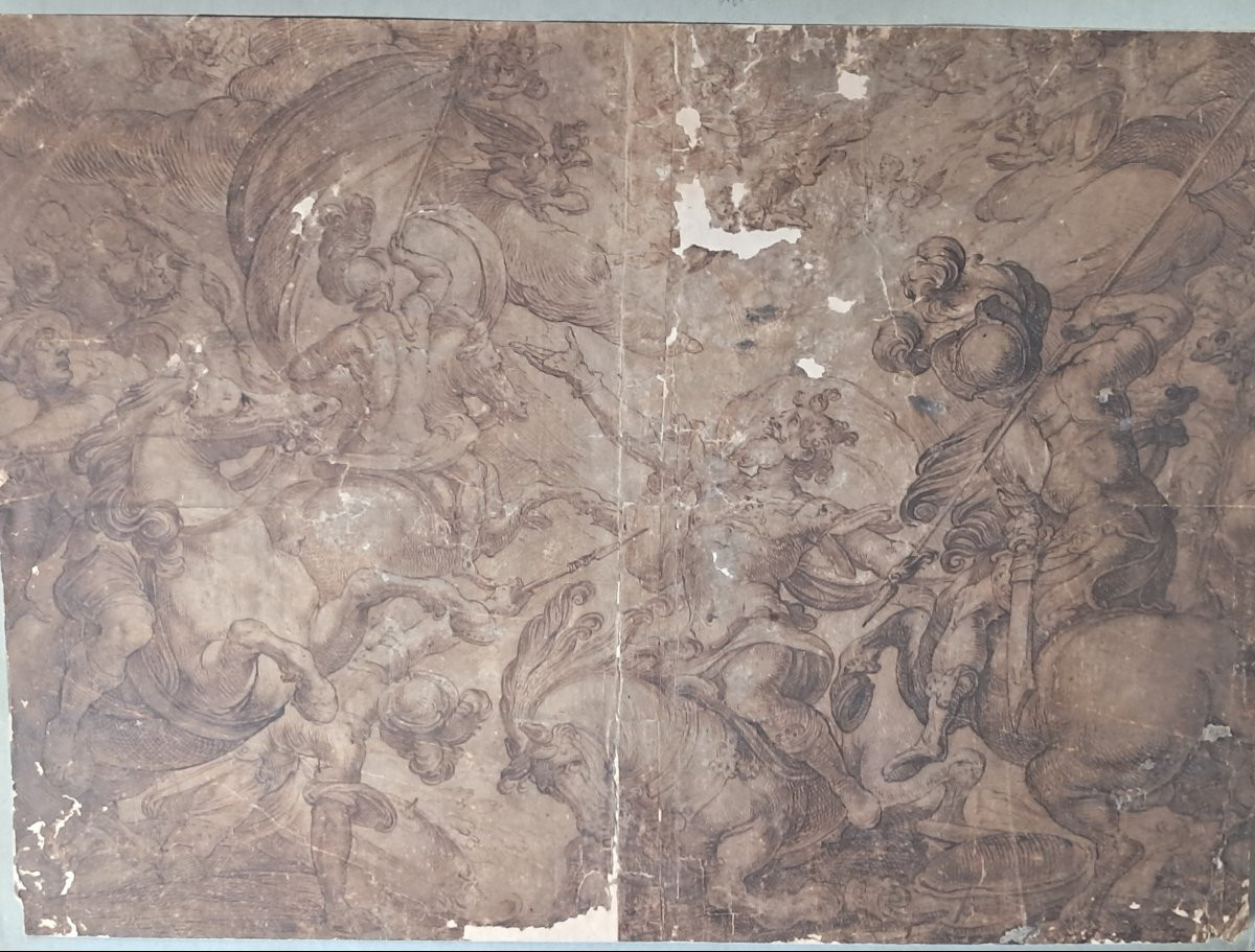 Grande encre dessin XVIe 16e  Antonio TEMPESTA BAROQUE ITALIE Chevaux Florence guerre -photo-4