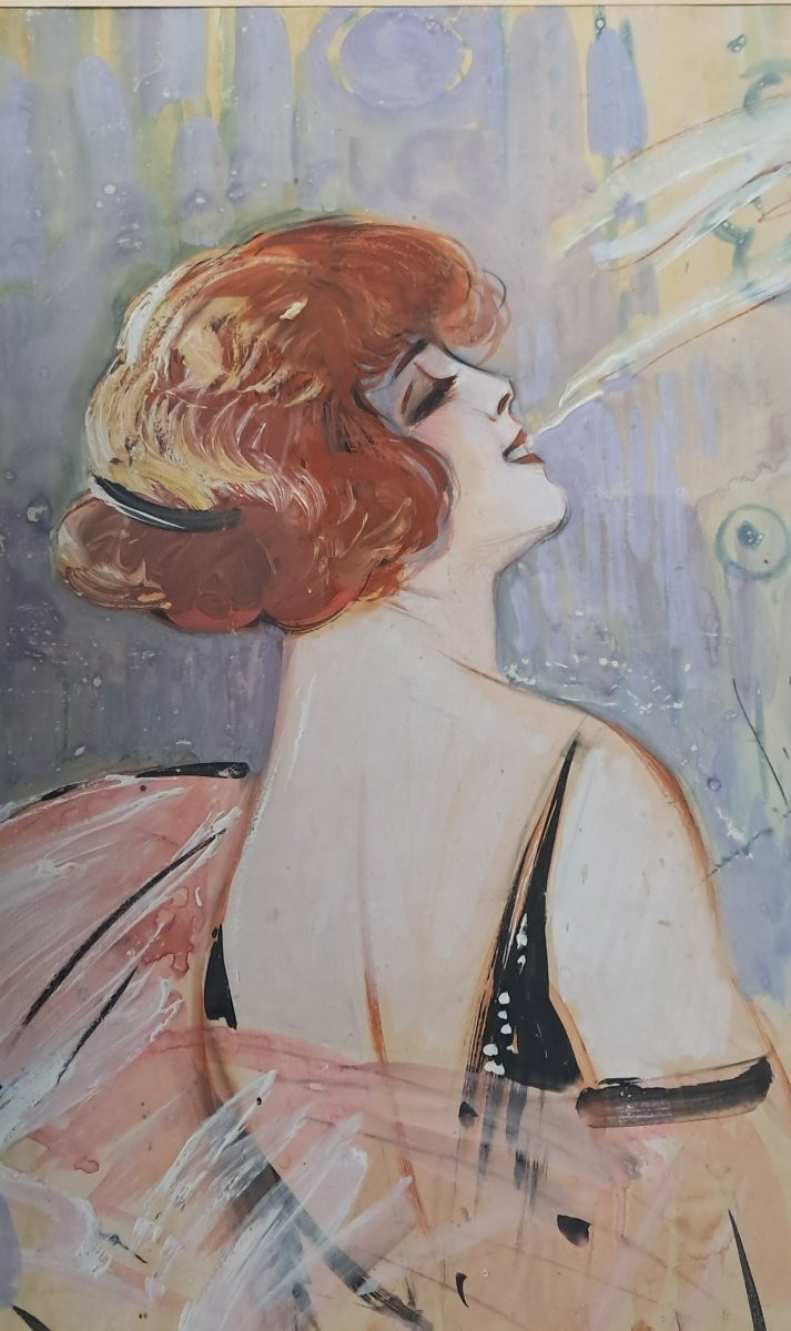 Gouache Portrait Of A Woman, Art Deco, Smoking, Flapper, Redhead, Roaring Twenties, 1930s -photo-2