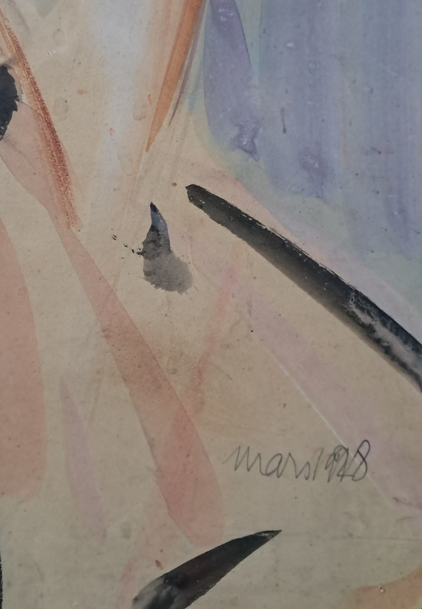 Gouache Portrait Of A Woman, Art Deco, Smoking, Flapper, Redhead, Roaring Twenties, 1930s -photo-3