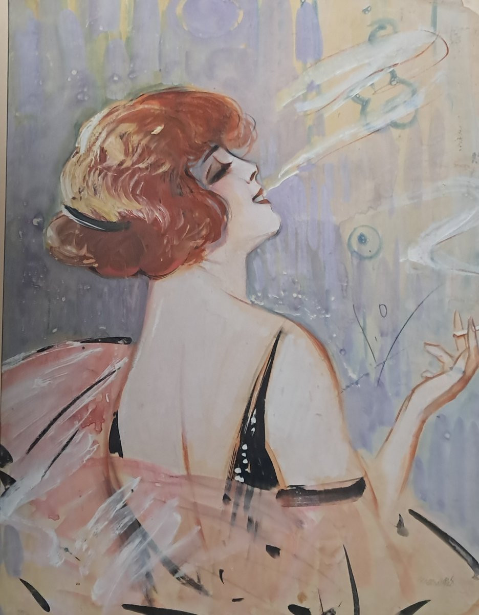 Gouache Portrait Of A Woman, Art Deco, Smoking, Flapper, Redhead, Roaring Twenties, 1930s -photo-1