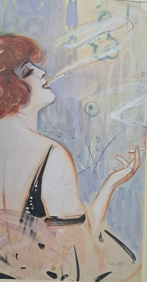 Gouache Portrait Of A Woman, Art Deco, Smoking, Flapper, Redhead, Roaring Twenties, 1930s -photo-4