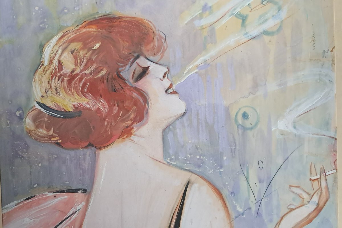 Gouache Portrait Of A Woman, Art Deco, Smoking, Flapper, Redhead, Roaring Twenties, 1930s -photo-5