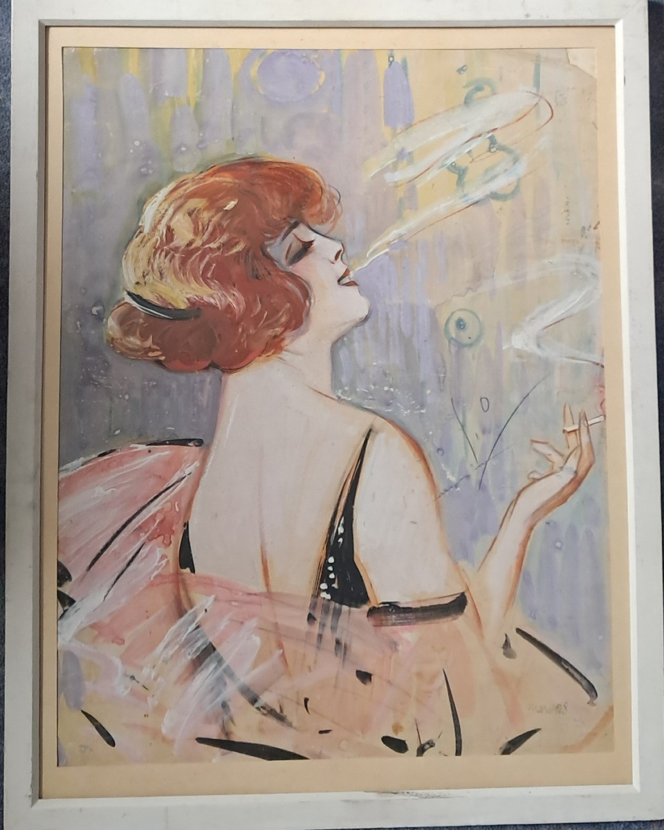 Gouache Portrait Of A Woman, Art Deco, Smoking, Flapper, Redhead, Roaring Twenties, 1930s 
