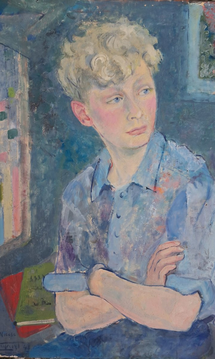 Portrait Blond Boy 1948 Young Man Impressionist Slavic Poland Oil-photo-2