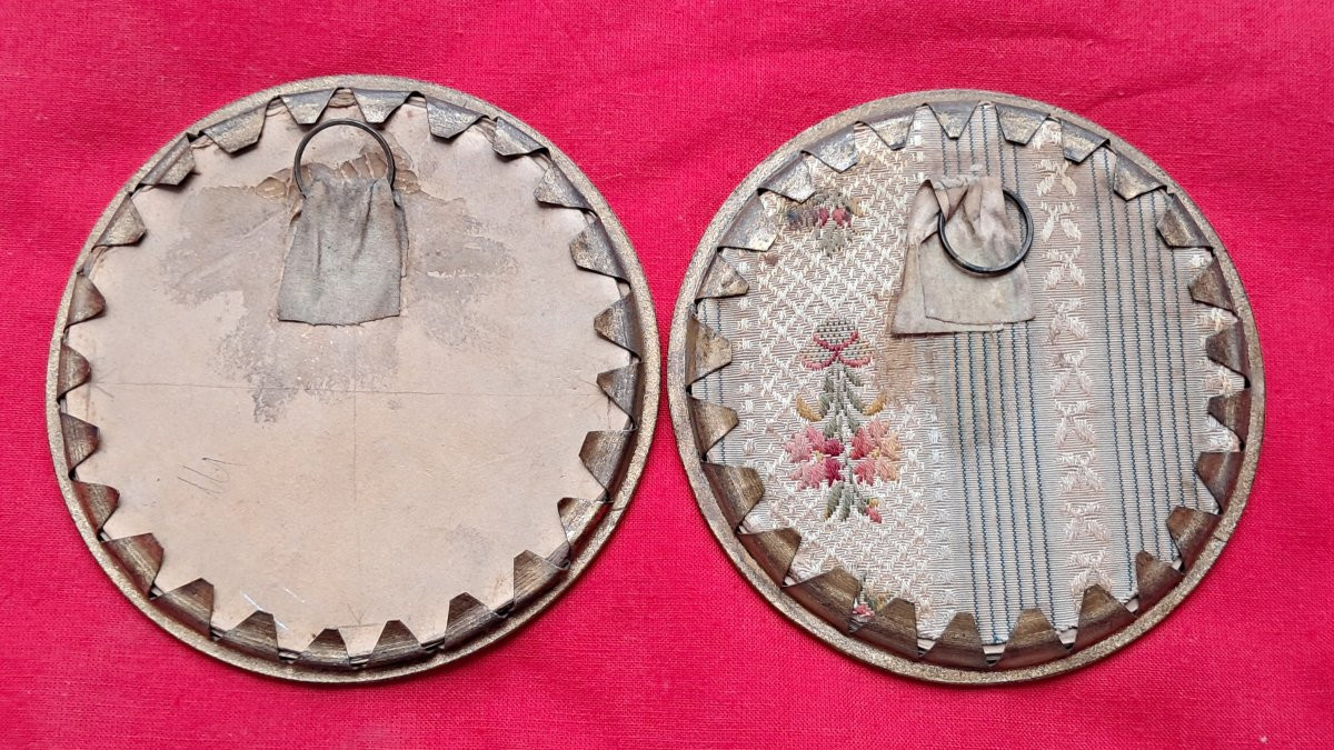 2 portraits d'enfants romantique 19e charles X miniature petit garçon petite fille cadre rond -photo-4
