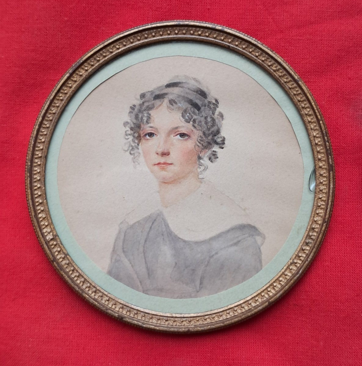2 portraits d'enfants romantique 19e charles X miniature petit garçon petite fille cadre rond -photo-2