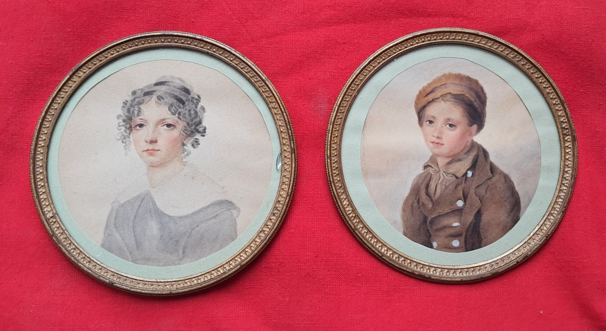 2 portraits d'enfants romantique 19e charles X miniature petit garçon petite fille cadre rond 