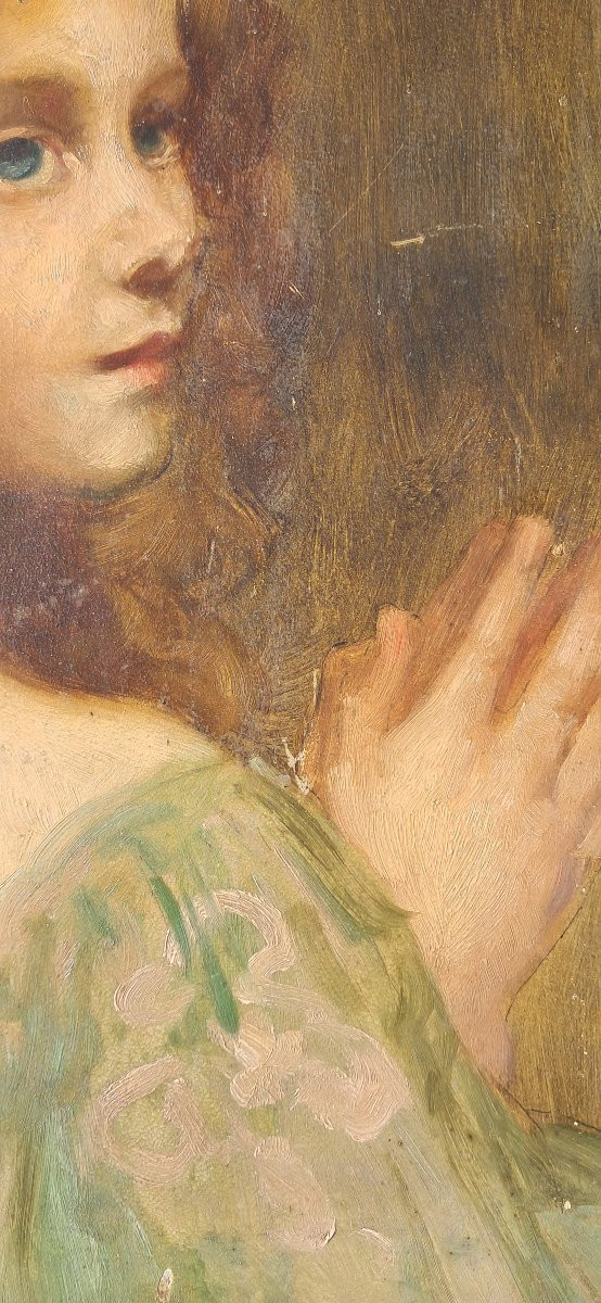 Portrait Of A Child, Little Red-haired Girl, Art Nouveau, Symbolist, Pre-raphaelite, Oil On Panel-photo-3