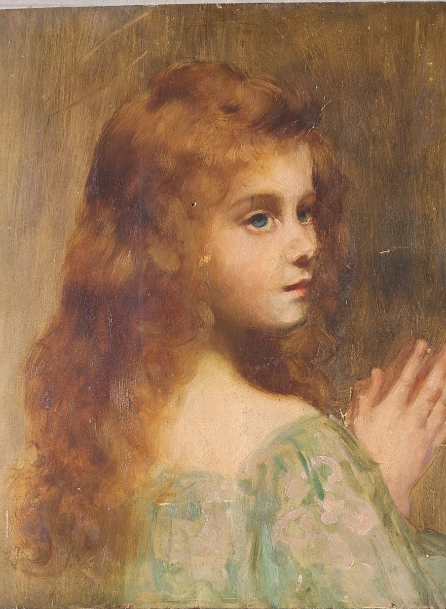 Portrait Of A Child, Little Red-haired Girl, Art Nouveau, Symbolist, Pre-raphaelite, Oil On Panel-photo-5