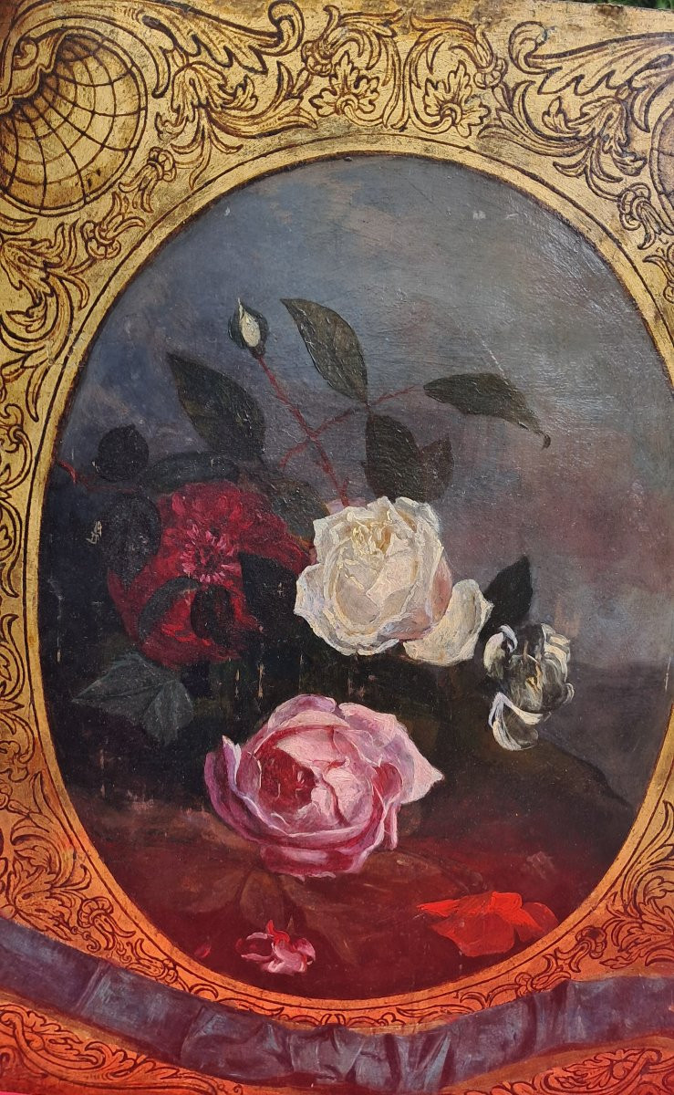 Grande huile sur cuivre fleurs roses Napoléon III XIXe nature morte décoration hollandais-photo-2