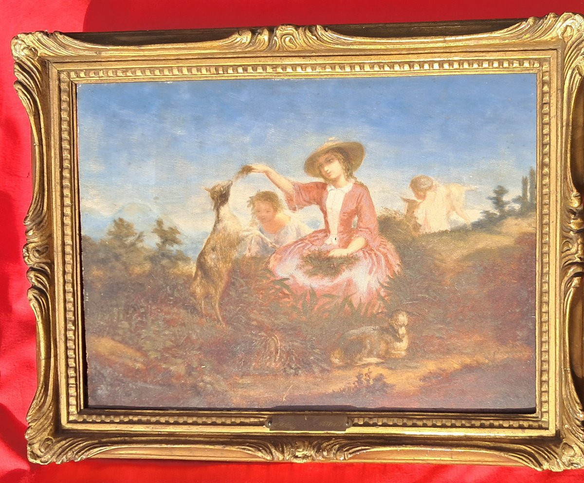 Pair Of Oil Paintings On Panel, Napoleon III Style, Bucolic Scene, Children, Animals, Countryside, Italy, Mariani -photo-2