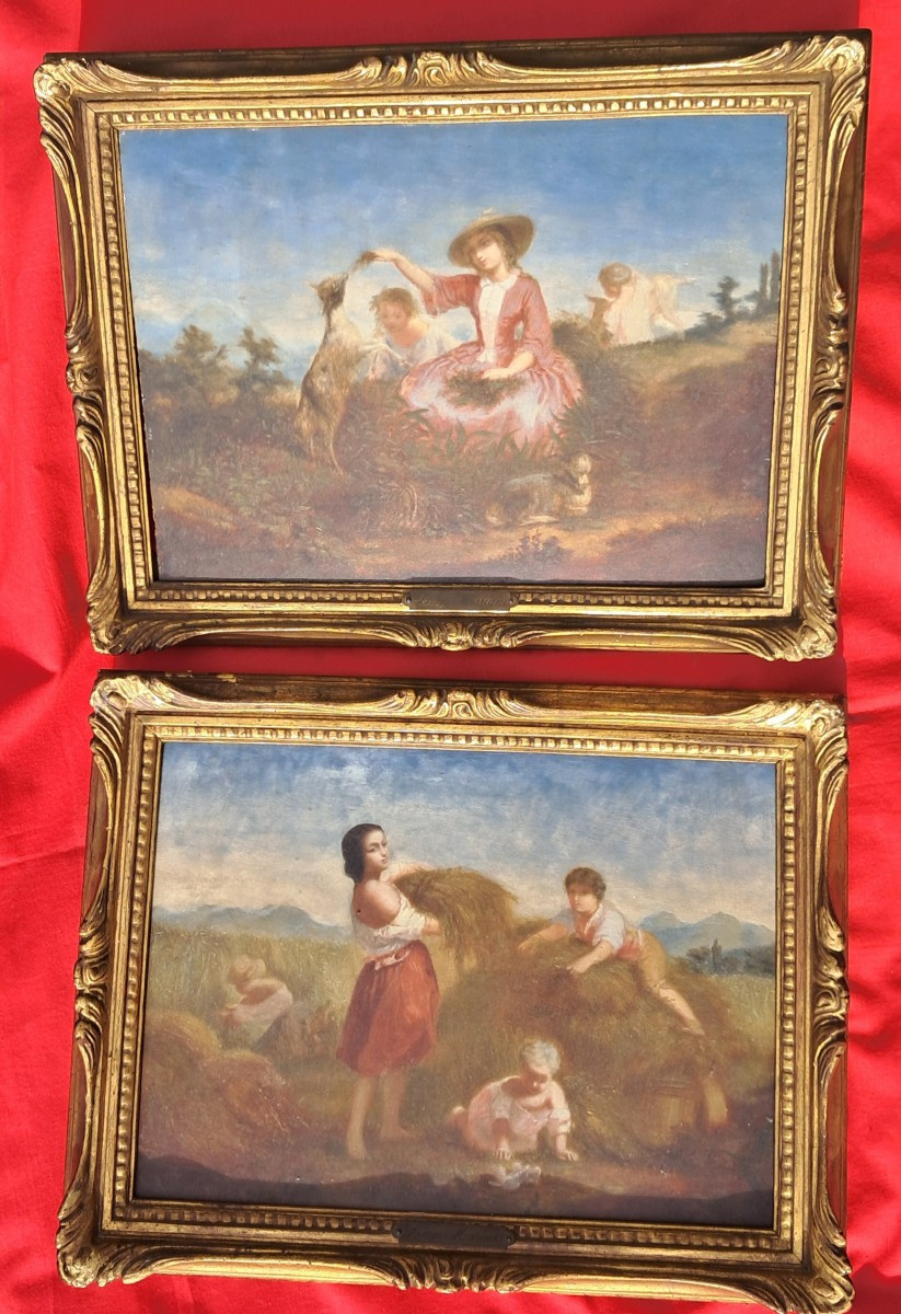 Pair Of Oil Paintings On Panel, Napoleon III Style, Bucolic Scene, Children, Animals, Countryside, Italy, Mariani 