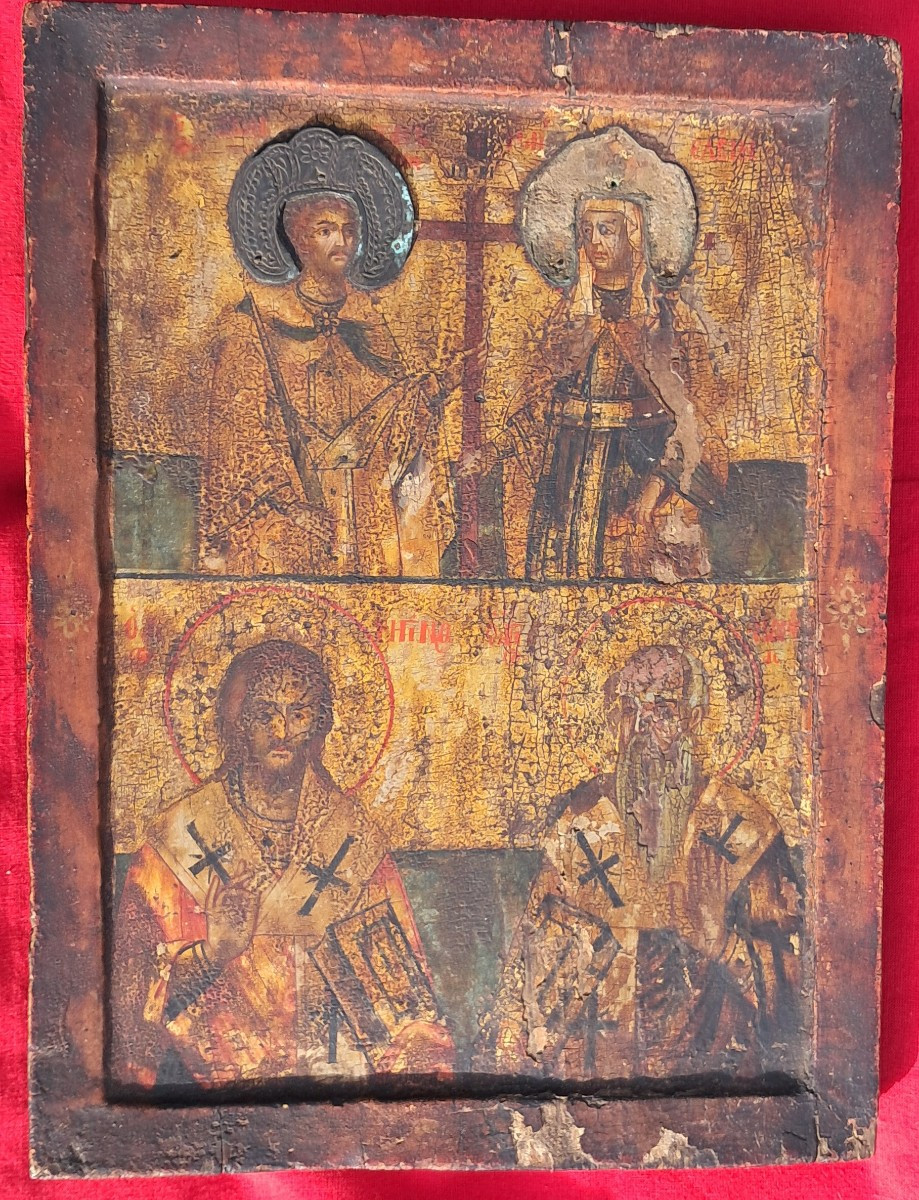 Russian Icon, 17th-18th Century, Orthodox Religion, Christ, Gilded Wood, Saints, Catholic, Oil Portrait 