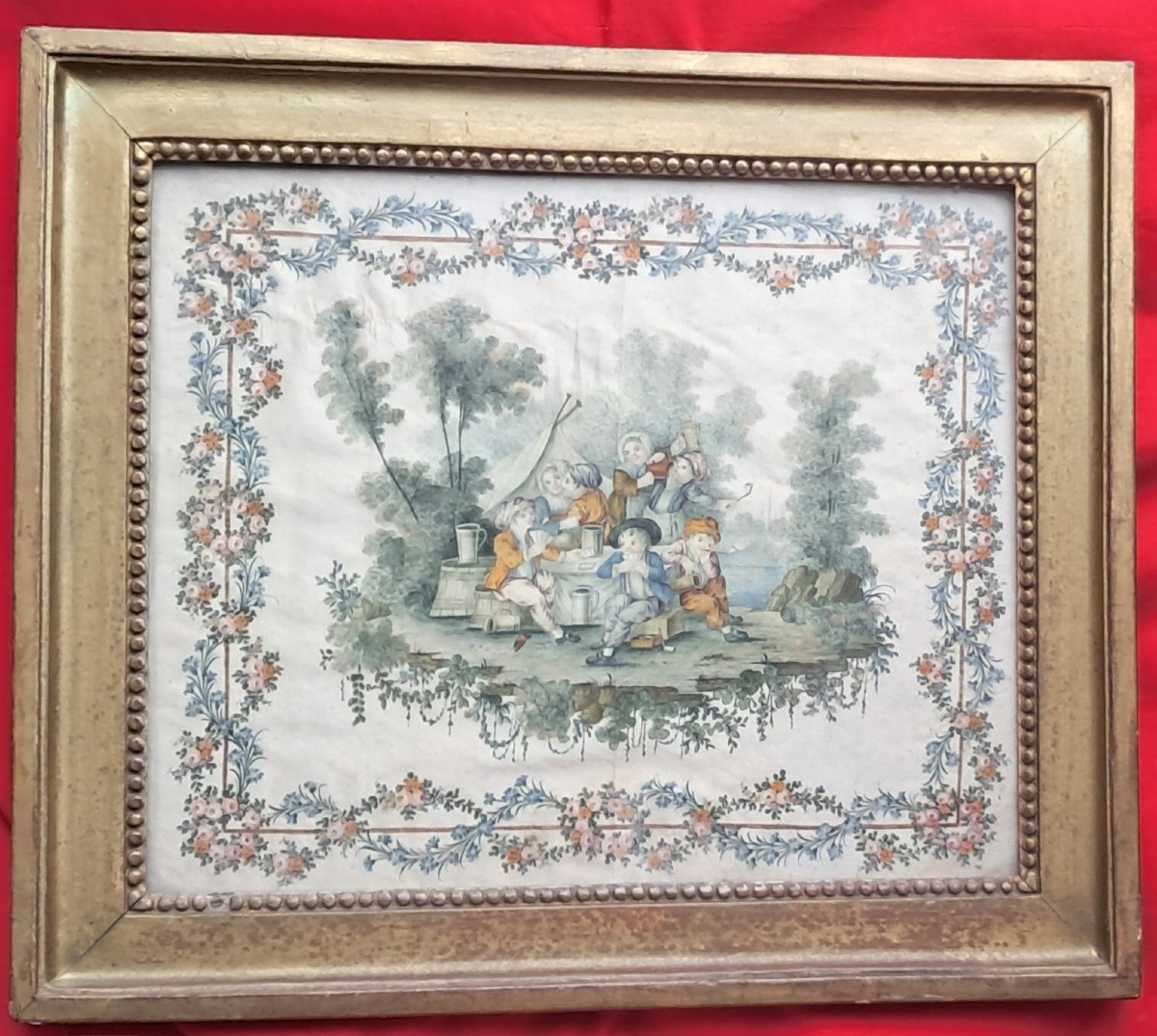 Soie peinte XVIIIe Louis XV Louis XVI cadre XVIIIe scène galante enfants guirlande de roses 18e