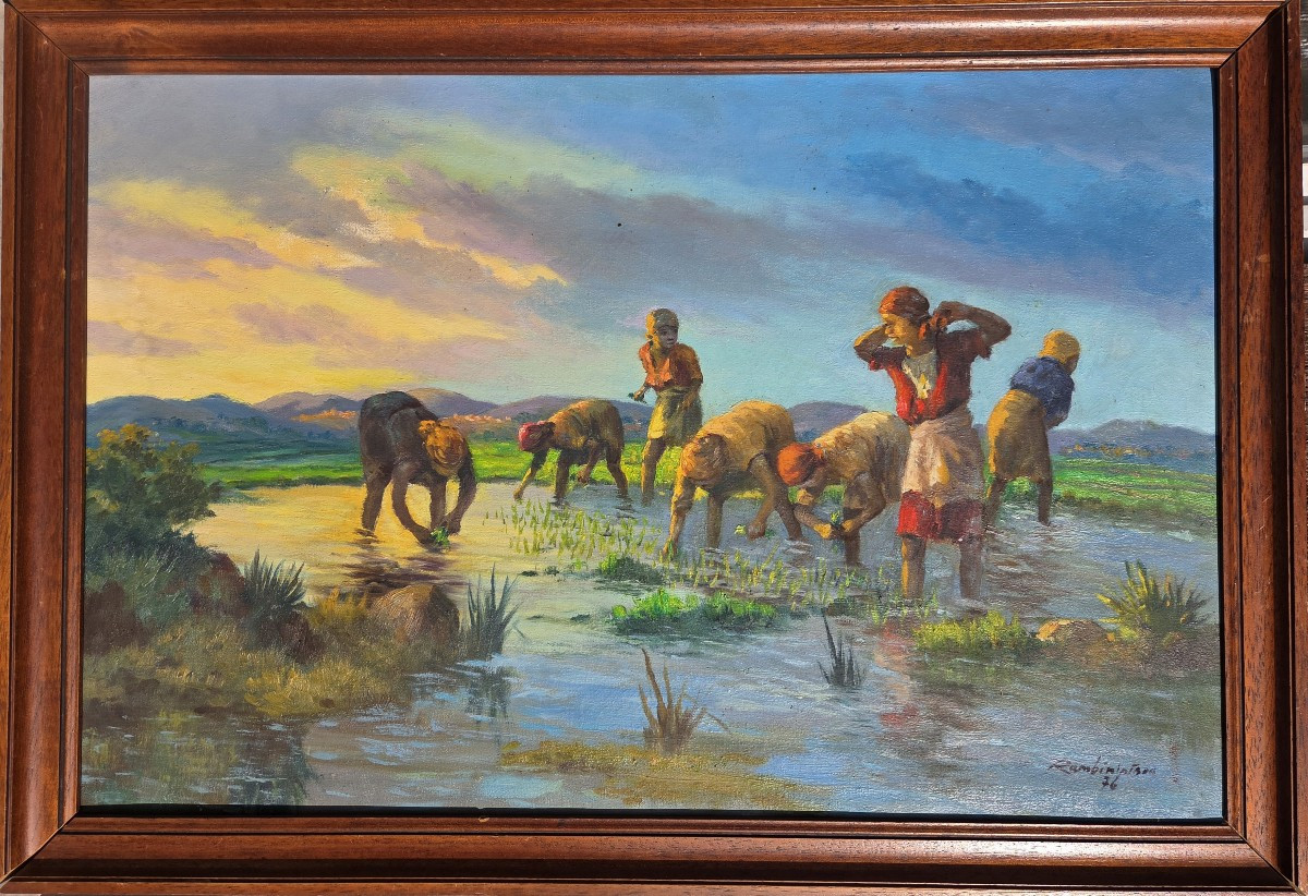 ​Jean Rambinintsoa (1899-1986) Tableau Malgache Scène Rural des Hautes Terre Madagascar-photo-2