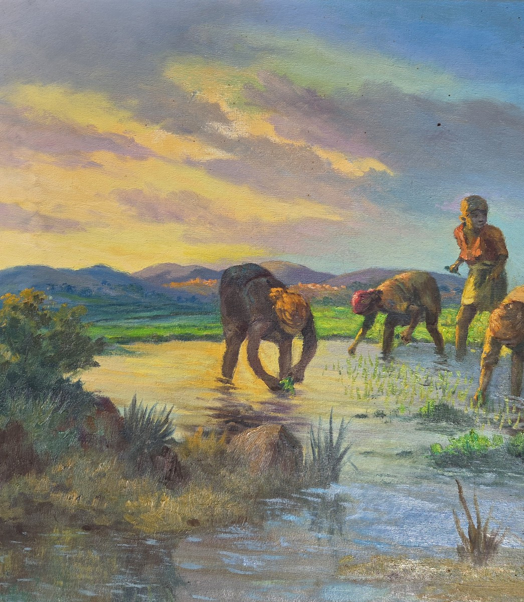 ​Jean Rambinintsoa (1899-1986) Tableau Malgache Scène Rural des Hautes Terre Madagascar-photo-3