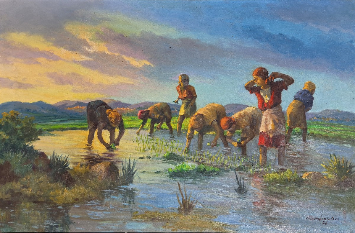 ​Jean Rambinintsoa (1899-1986) Tableau Malgache Scène Rural des Hautes Terre Madagascar