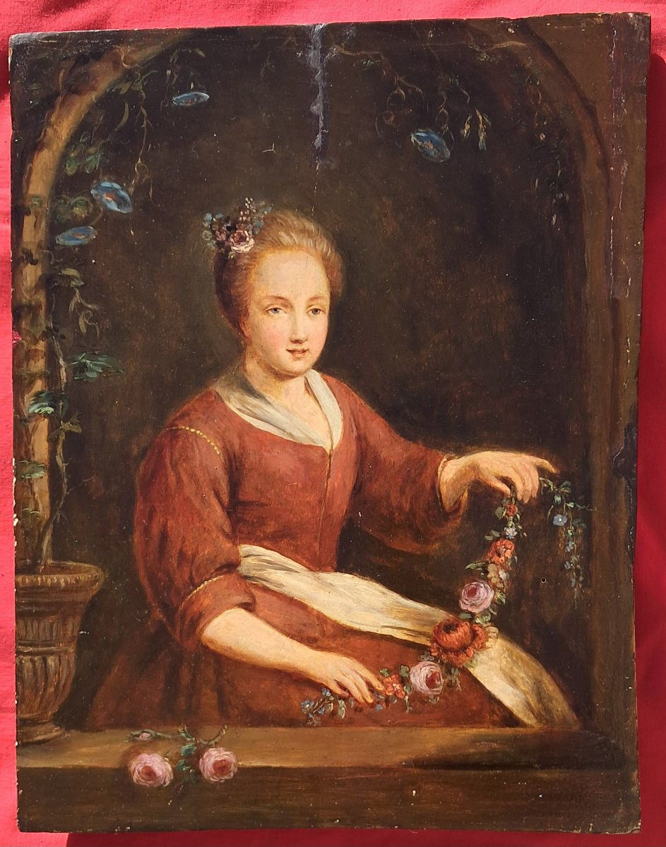 Paire de portraits de femmes fin XVIIIe école Hollandaise suiveur METSU allégorie fleurs fruits-photo-2