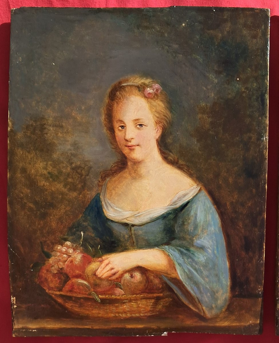 Paire de portraits de femmes fin XVIIIe école Hollandaise suiveur METSU allégorie fleurs fruits-photo-3