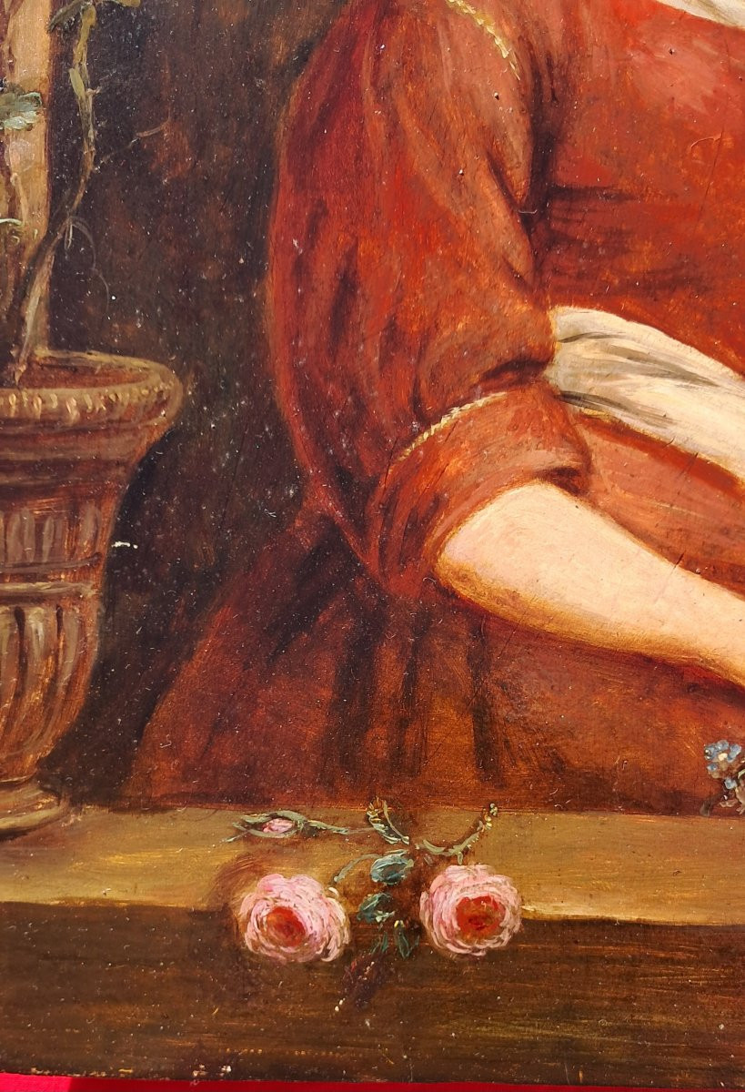 Paire de portraits de femmes fin XVIIIe école Hollandaise suiveur METSU allégorie fleurs fruits-photo-3