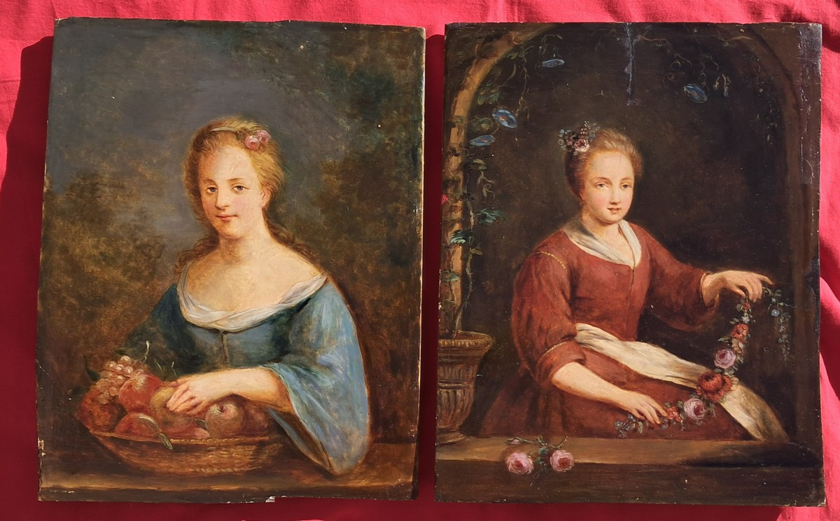 Paire de portraits de femmes fin XVIIIe école Hollandaise suiveur METSU allégorie fleurs fruits