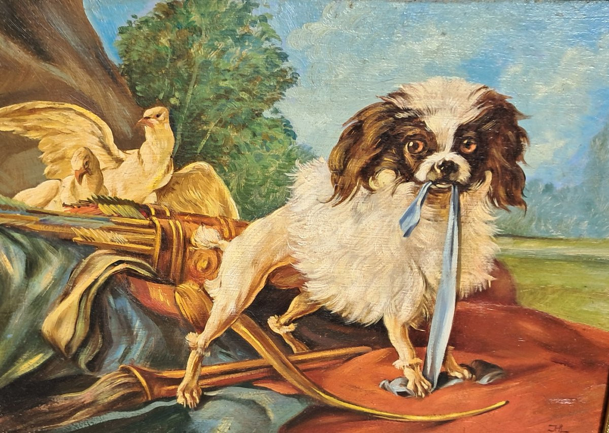 Tableau XIXe petit chien Cavalier King Charles animal chasse colombe cadre doré palmettes -photo-2