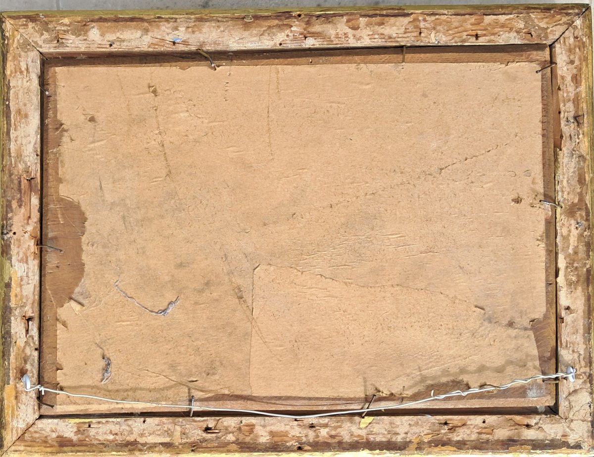 Tableau XIXe petit chien Cavalier King Charles animal chasse colombe cadre doré palmettes -photo-3