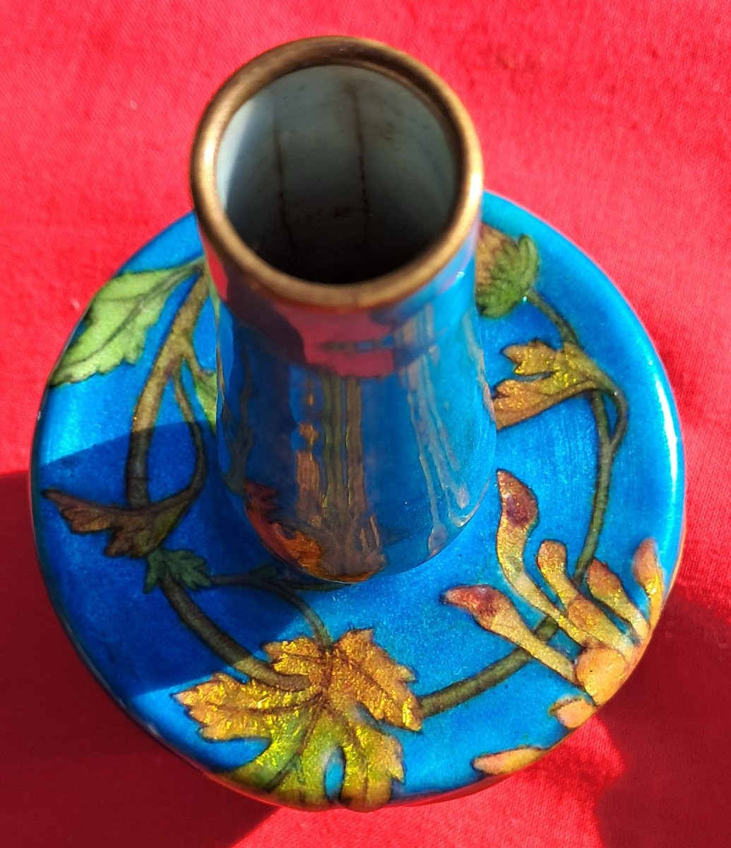 Vase émail Paul BONNAUD LIMOGES Art Nouveau 1900 bleu fleurs chrysanthème émaux japonisme japon-photo-2