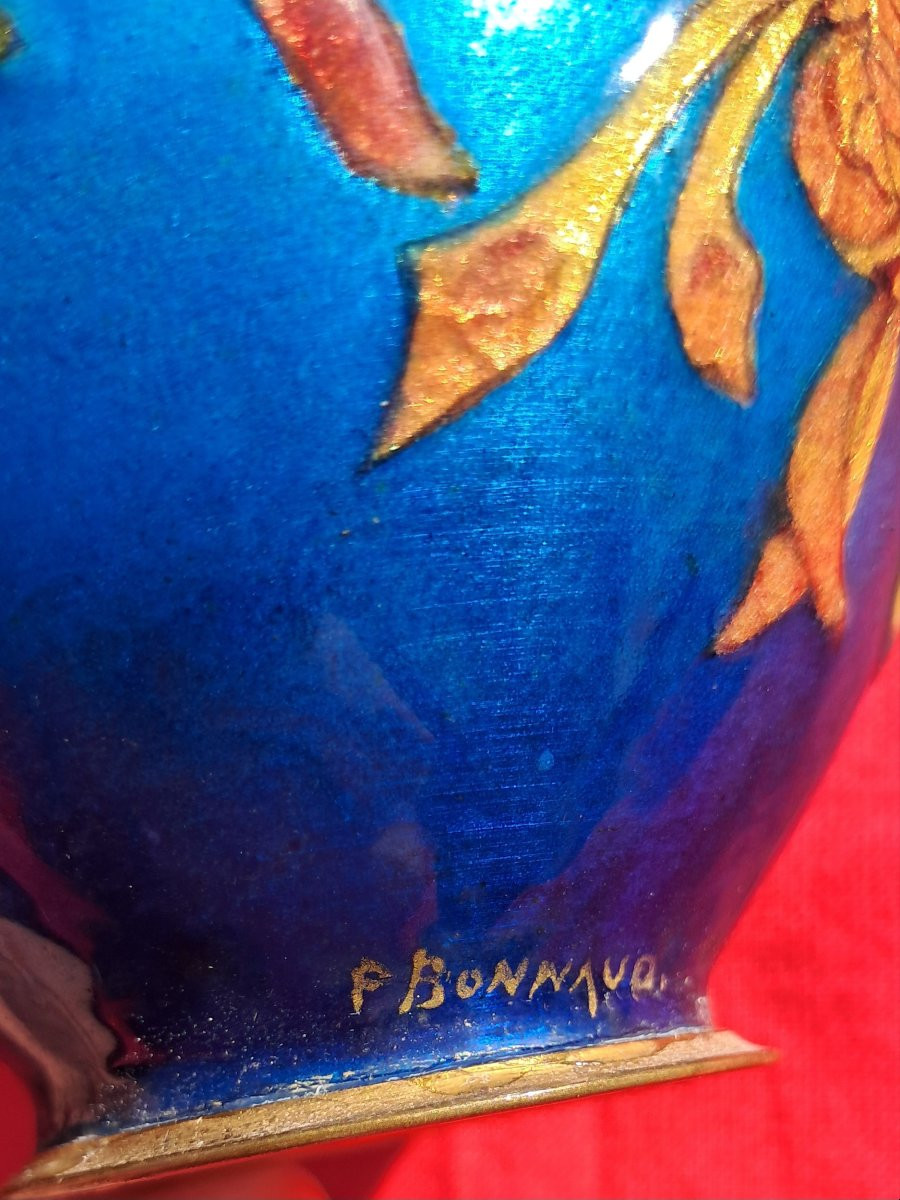 Vase émail Paul BONNAUD LIMOGES Art Nouveau 1900 bleu fleurs chrysanthème émaux japonisme japon-photo-3