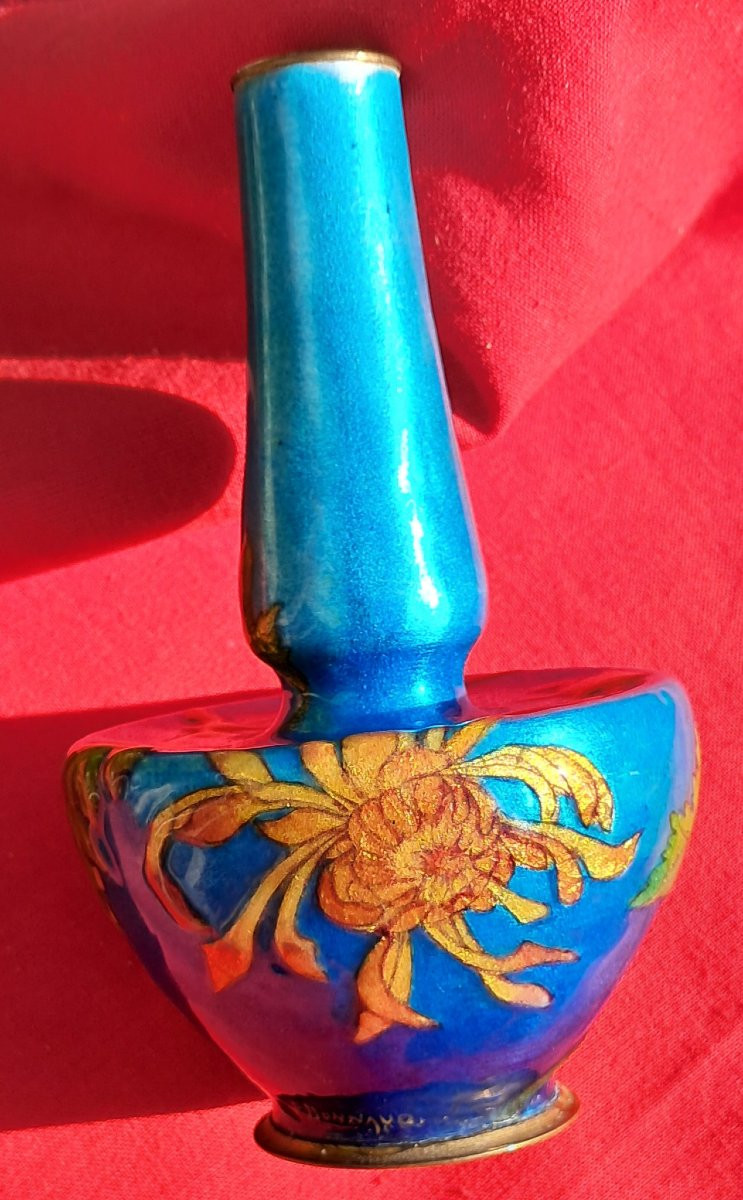 Vase émail Paul BONNAUD LIMOGES Art Nouveau 1900 bleu fleurs chrysanthème émaux japonisme japon-photo-4