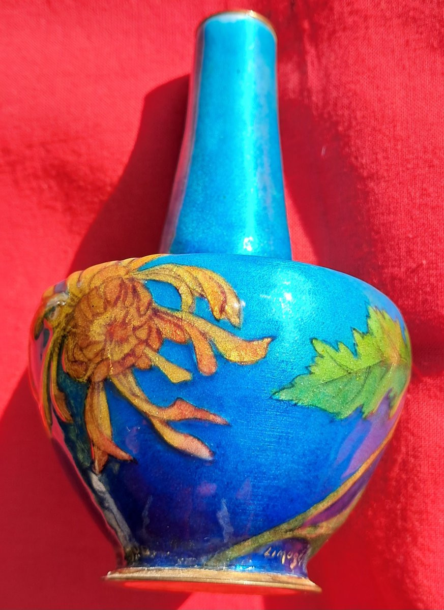 Vase émail Paul BONNAUD LIMOGES Art Nouveau 1900 bleu fleurs chrysanthème émaux japonisme japon-photo-1