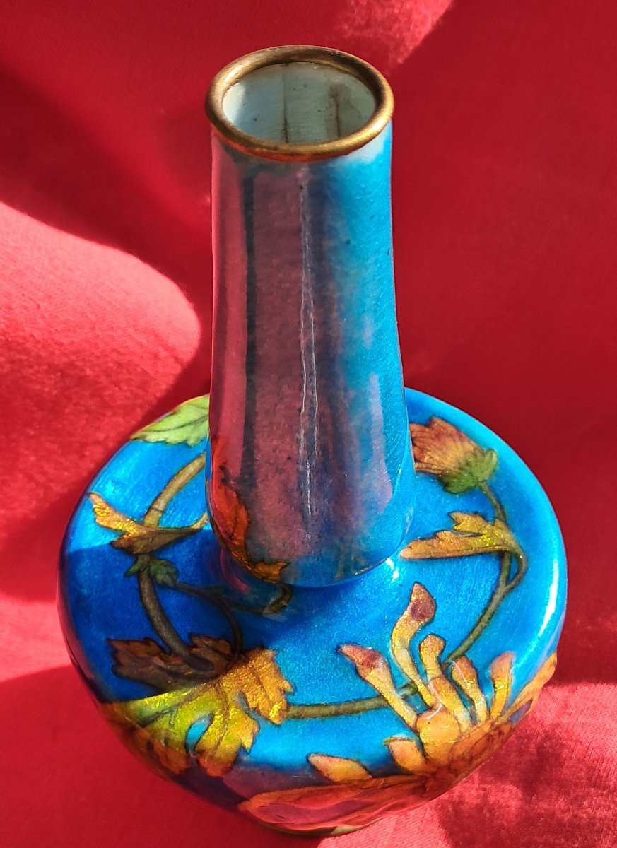 Vase émail Paul BONNAUD LIMOGES Art Nouveau 1900 bleu fleurs chrysanthème émaux japonisme japon-photo-3