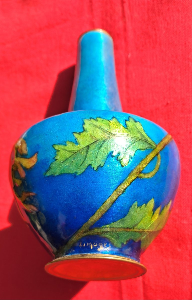 Vase émail Paul BONNAUD LIMOGES Art Nouveau 1900 bleu fleurs chrysanthème émaux japonisme japon-photo-4
