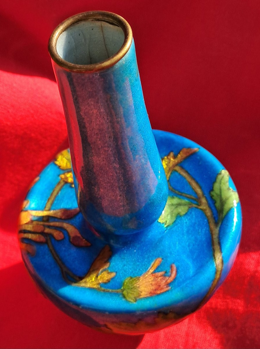 Vase émail Paul BONNAUD LIMOGES Art Nouveau 1900 bleu fleurs chrysanthème émaux japonisme japon-photo-6